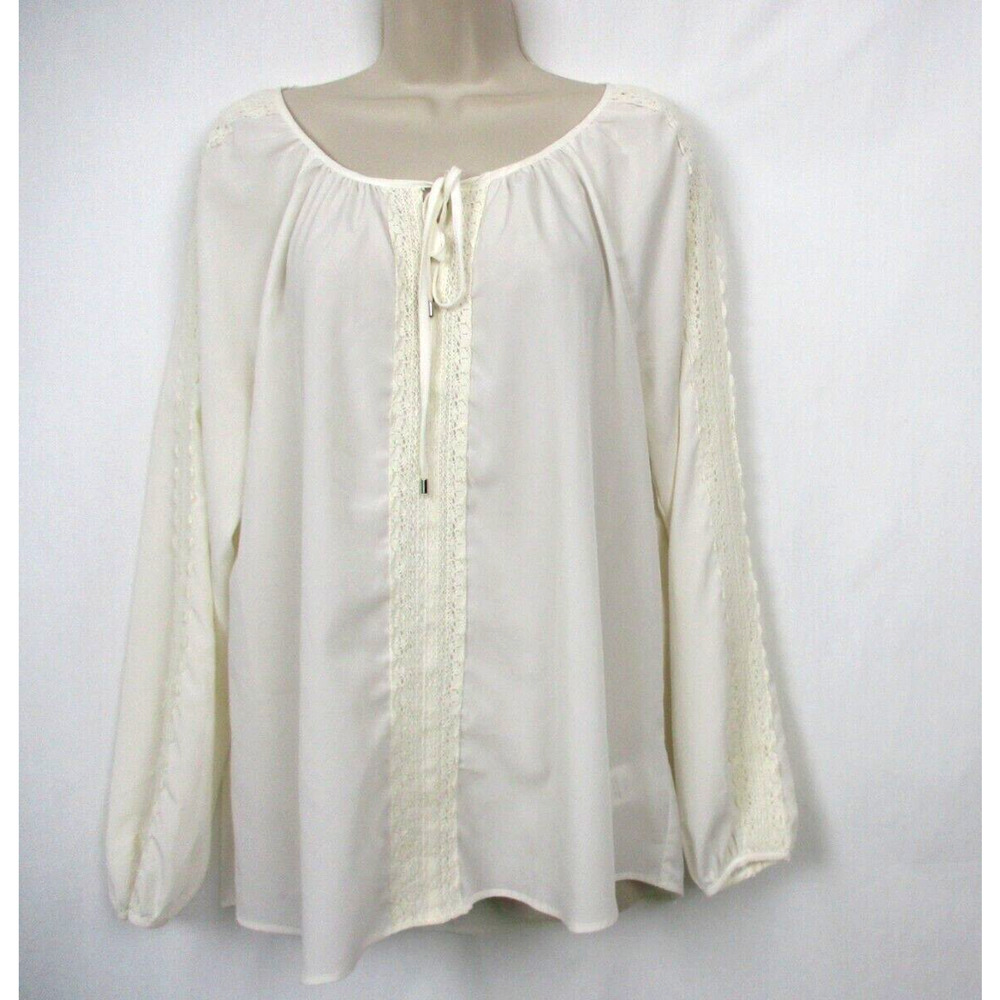 Saint Tropez West Top Large Womens Crochet Lace Keyhole Tie Neck Blouse Cream